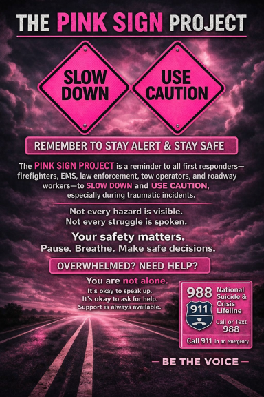 Pink poster promoting the Pink Sign Project, emphasizing safety and caution messages.