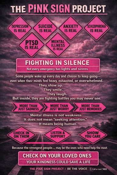 Awareness poster for mental health featuring pink design and support resources.